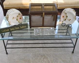 Thick Glass and Iron Rectangle Coffee Table, 48"W x 16.5"H x 24"W. Shown with Wood and Metal Mesh Screen Box and Star Fish Appetizer Plates, Made in Italy