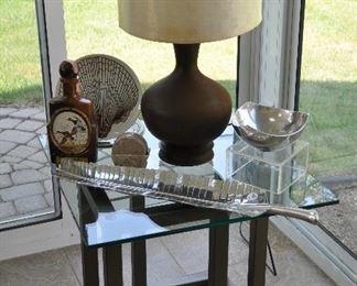 Glass and Metal Contemporary End Table, 24" Diameter x 22.5"H shown with Great Entertaining Items