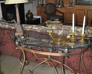 Scrolled Antiqued Gold Patina Wrought Iron and Glass Demilune "Grand Terrace" Sofa Table By Hooker Furniture, 40"w x 33"h x 20"d