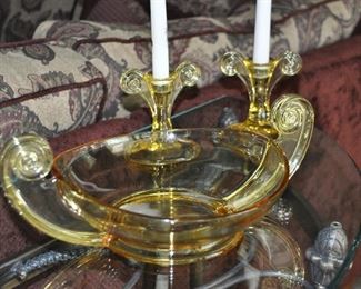Wonderful Yellow Depression Glass Bowl and Matching Candlesticks