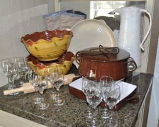 Vintage Brown Dansk cookware shown with more Glass Stemware, Painted Ceramic Ruffled Serving Bowls and a New Le Creuset Saute Pan