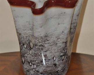 Large Blown Glass Ruffle Centerpiece Vase, 16”H x 13"W