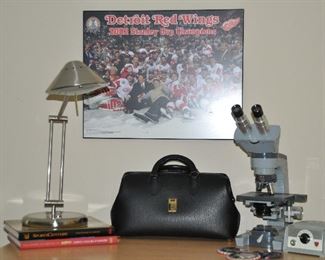 Great Chrome Adjustable Task Lamp Shown with a Vintage Microscope and Black Leather Doctors Bag