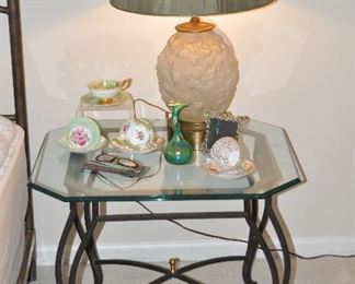 One of the Two Pretty Bedside Tables Available Displaying Vintage Tea Cups, and a Frosted Glass Table Lamp