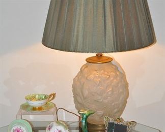 Frosted Floral Table Lamp with Sage Green Silk Lampshade and More!