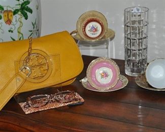 Assortment of Vintage Bone China Teacups and a Tory Burch Yellow Handbag