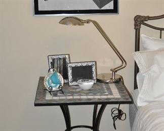 Heavy Wrought Iron Mosaic Table shown with Portable Stainless Lamp and Great Table Top Decor
