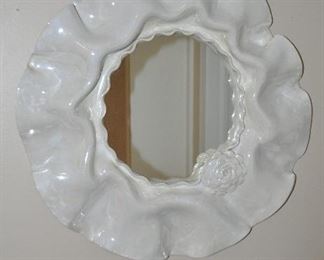 Round Cream Colored Ceramic Ruffled Wall Mirror, 24" Diameter