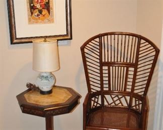 Bamboo Arm Chair, 29"W x 47.5"H x 23"D and an Hand Painted Octagonal Candlestick Table, 21"W x 27"H x 21"D