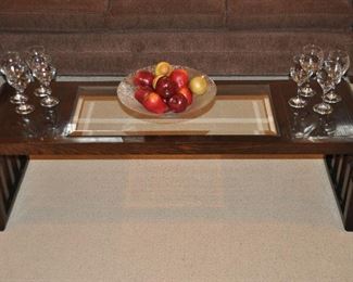 Wood "Waterfall" Coffee Table with Bevel Glass Insert, 58"W x 17.5"H x 18"D