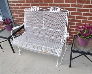 Great Woodard "Briarwood" 2 Seat Glider shown with Two Metal and Tempered Glass Outdoor Side tables