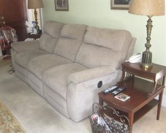 Double recliner sofa and 2 Mersman end tables with lamps.