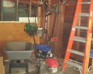 8' A-frame fiberglass ladder, Honda mower and garden tools.