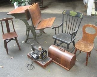 Antique school desk, vintage chairs & 1946 Singer sewing machine, made for US Navy.