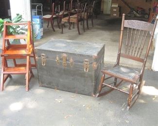 Folding library chair/ladder, the original Globe Trotter trunk and vintage rocker.