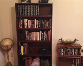 Book shelf, globe on stand and smaller book shelf