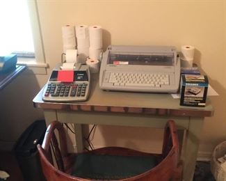 Metal typing table, typewriter and chair
