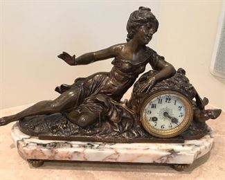 French Metal and Marble Mantle Clock by F Moreau - Les Tourterelles $1,200