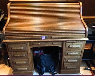 Late Victorian oak roll top desk and accompanying small chest.
