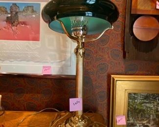 American Victorian style brass table lamp with green case glass shade