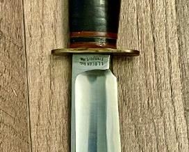This is a Marbles Ideal model knife, the tang stamp however reads LL Bean Inc. Freeport Me. Marbles 5 inch Ideal Hunting knife with Bakelite Pommel. Pre-WW2