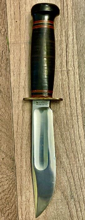 This is a  Marbles Ideal model knife, the tang stamp however reads LL Bean Inc. Freeport Me. Marbles 5 inch Ideal Hunting knife with Bakelite Pommel. Pre-WW2