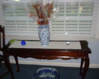 sofa table, flow blue foot bath