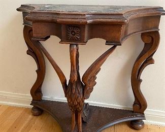 Hand carved wooden crane marble top inlay entry way table