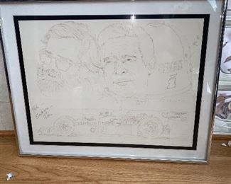 Ron Burton Original sketch of #25 Panasonic/Interscope Racing Parnelli 6C-Cosworth DFX, Danny Ongais and Ted Field. Personalized by Burton to Ted Field