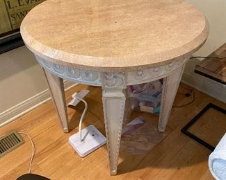 Kreiss neoclassical round marble top end table x2