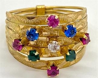 14k Ring w/ Small Stones - stones appear to be ruby or pink sapphire, sapphires and green sapphire. The stones each are about 1/8." Size is about 6.75. The markings have worn off, but it tested positive for 14k gold.