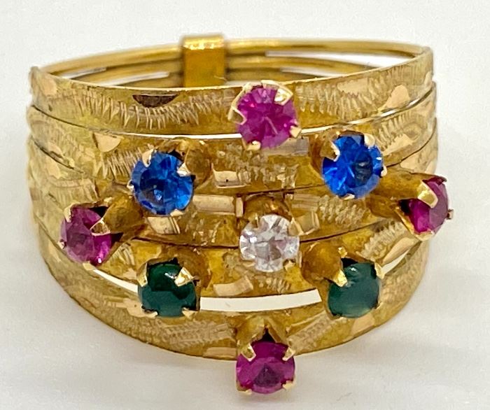 14k Ring w/ Small Stones - stones appear to be ruby or pink sapphire, sapphires and green sapphire. The stones each are about 1/8." Size is about 6.75. The markings have worn off, but it tested positive for 14k gold. 