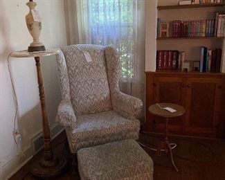 Wing chair and matching ottoman; plant stand, lamp, pedestal table