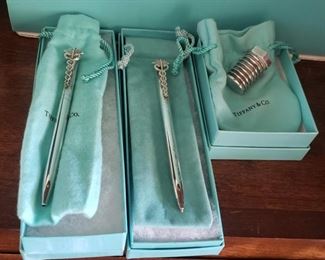 Tiffany and Company sterling Carduceus pens and sterling nut bolt screw pill box