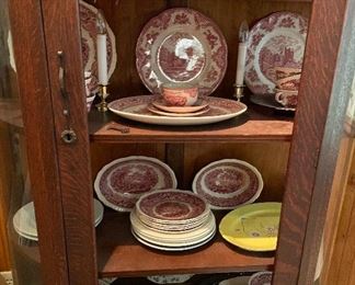 Antique Quarter Sawn Tiger Oak Half Bow Curio Cabinet (Needs Glass Replaced in Front), Assorted Collectibles, Johnson Brothers England China