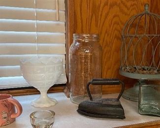 Assorted Household Decor', Milk Glass Candy Dish, Cast Iron Door Stopper 