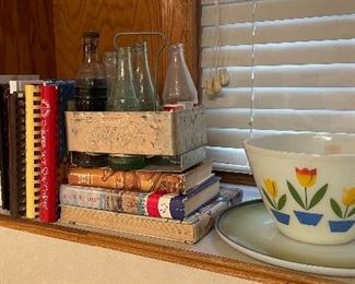 Assorted Cook Books, Vintage Fire King Glass Tulip Mixing Bowl