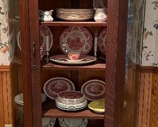 Antique Quarter Sawn Tiger Oak Half Bow Curio Cabinet (Needs Glass Replaced in Front), Assorted Collectibles, Johnson Brothers England China