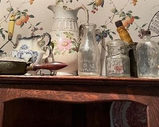 Antique Quarter Sawn Tiger Oak Half Bow Curio Cabinet (Needs Glass Replaced in Front), Sugar & Creamer, Pitcher, Assorted Collectibles, Van Briggle