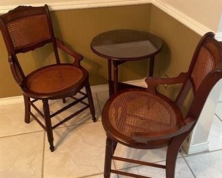 Antique Walnut Victorian Style Chairs with Woven Cane Seat, Pedestal Tea Table