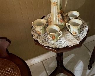 Antique Walnut Victorian Style Chairs with Woven Cane Seat, Pedestal Tea Table, English Tea Set