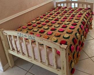 Antique Single Bed with Memory Foam Refurbished, Hand Crocheted Bed Quilt