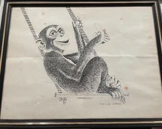 Signed & Framed Pen & Ink Art Swinging Chimp by Abelardo Salinas
