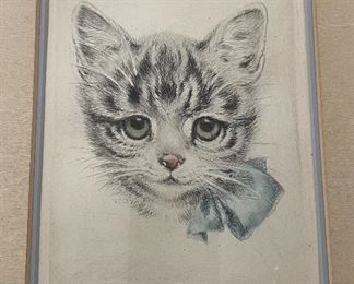 Signed & Framed Pen & Ink Art Kitty