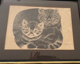 Signed & Framed Pen & Ink Art Pair of Kitties by Abelardo Salinas