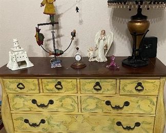 Entranceway Dresser/Chest, Tiffany Like Reproduction Table Lamp, Lenox Guardian Angel, Rocking Fisherman
