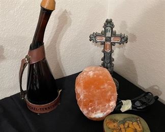 Wine Decanter, Salt Stone Lighted, Vintage Tin, Table Cross on Stand