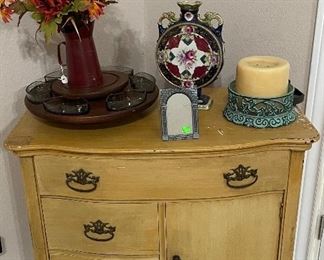 Antique Side Chest, Silk Flowers, Large Three Wick Candle With Holder, Vintage Decanter