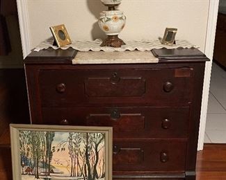 Antique Eastlake Marble Top Chest of Drawers, Gone With the Wind Style Lamp, Framed Art