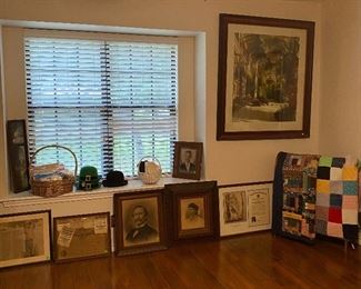 Assorted Framed Portraits, Prints, Linen, Quilts